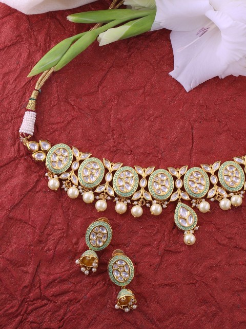

Tistabene Gold-Plated Mint Green Enameled & Stone Studded Jewellery Set