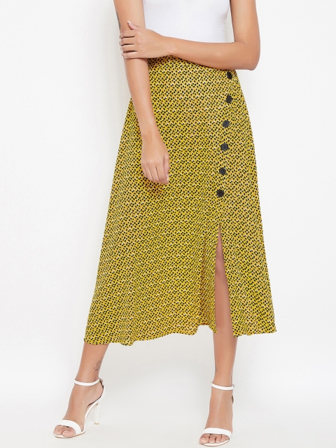 Yellow & Black Printed A-Line Midi Skirt