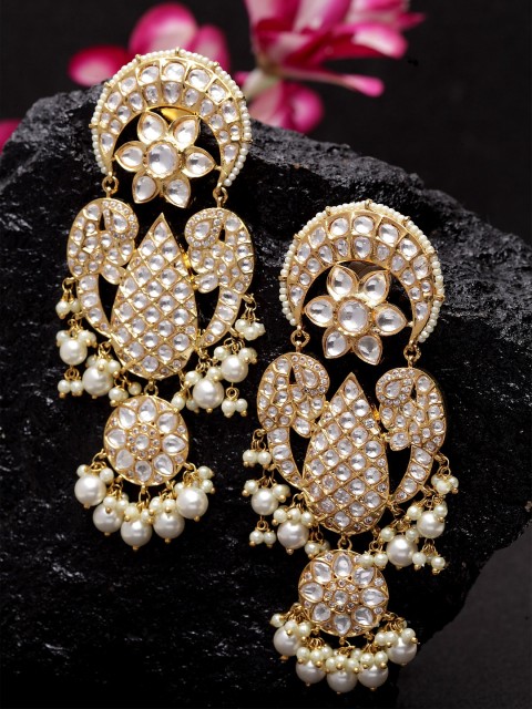 

DUGRISTYLE White & Gold-Plated Kundan Studded Classic Drop Earrings