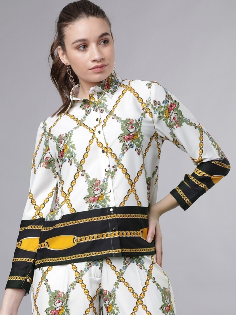 Tokyo Talkies Women White & Mustard Regular Fit Printed Casual Shirt