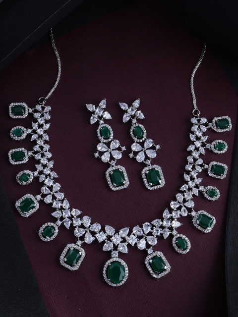 

Studio Voylla Silver-Plated Green & White CZ Studded Handcrafted Jewellery Set