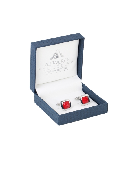 

Alvaro Castagnino Red & Silver-Toned Square Stone Studded Cufflinks