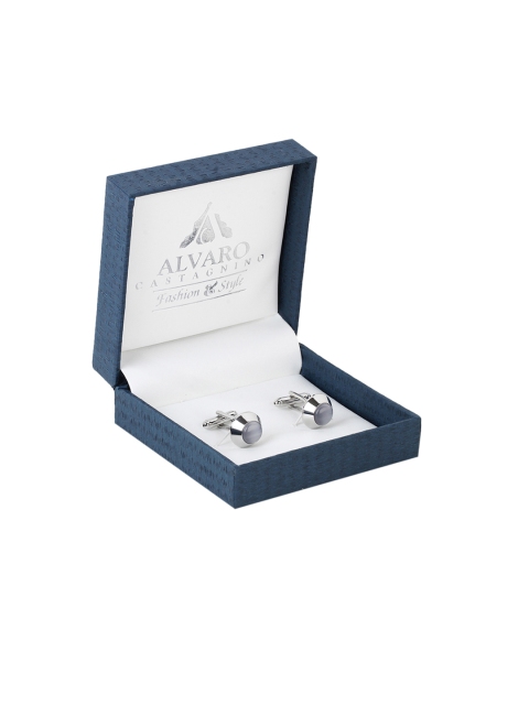 

Alvaro Castagnino White & Silver-Toned Stone Studded Round Cufflinks