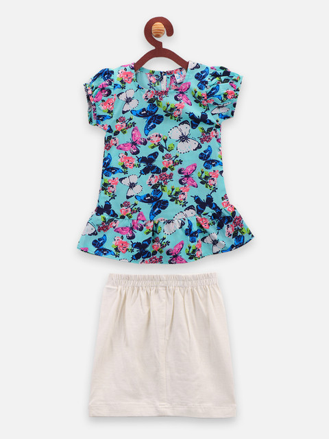 

LilPicks Girls Blue & Off-White Printed Top with Skirt