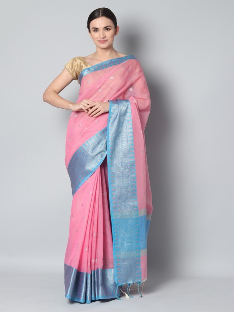 

EthnicRoom Pink & Blue Silk Cotton Woven Design Banarasi Saree