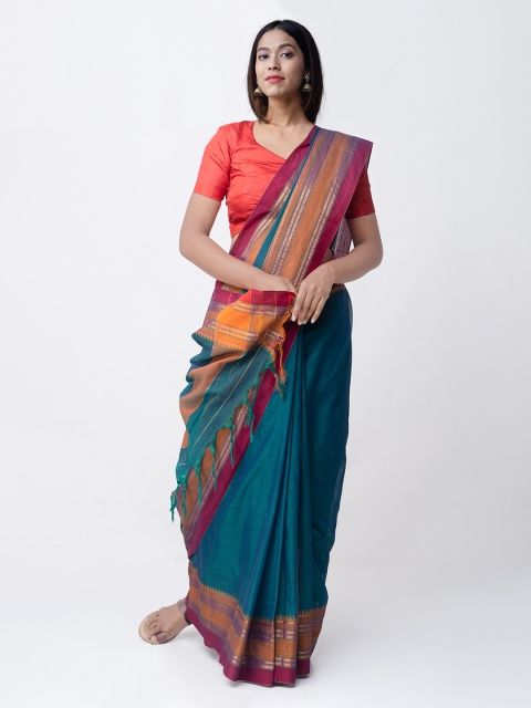 

Unnati Silks Blue & Orange Pure Cotton Solid Narayan Peth Saree