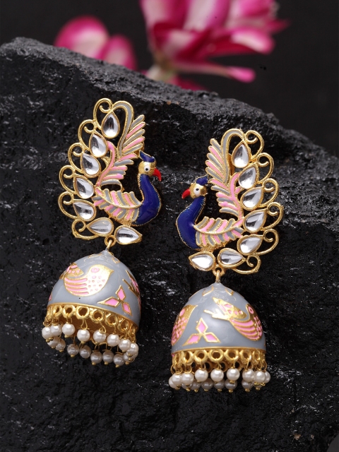 

DUGRISTYLE Grey & Blue Gold-Plated Pearl Studded Dome Shaped Jhumkas
