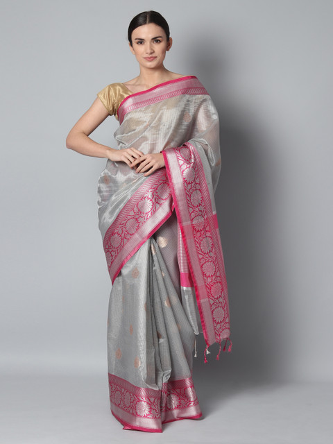 

EthnicRoom Silver-Toned & Pink Handloom Woven Design Banarasi Saree