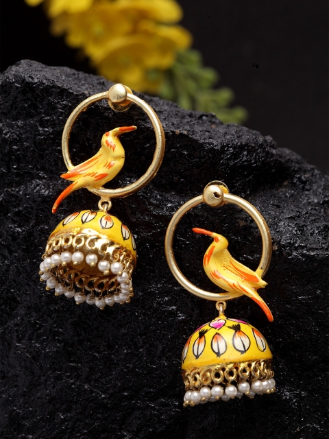 

DUGRISTYLE Yellow & Gold-Plated Dome Shaped Jhumkas
