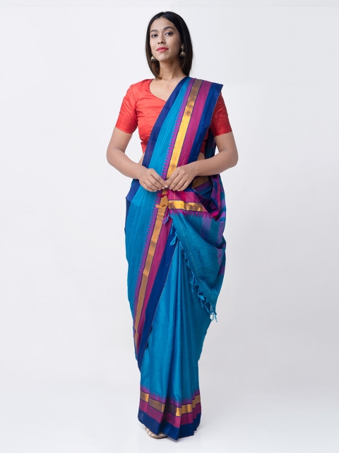 

Unnati Silks Blue & Pink Silk Cotton Solid Narayan Peth Handloom Sustainable Saree