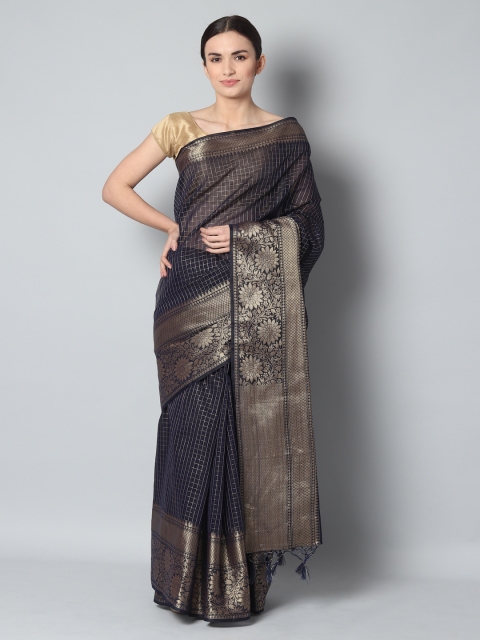 

EthnicRoom Black & Gold-Toned Handloom Checked Banarasi Saree