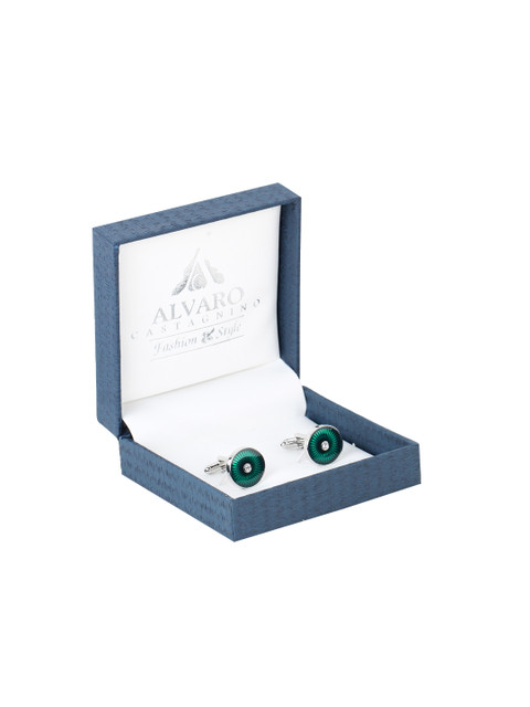 

Alvaro Castagnino Teal & Silver-Toned Stone Studded Round Cufflinks