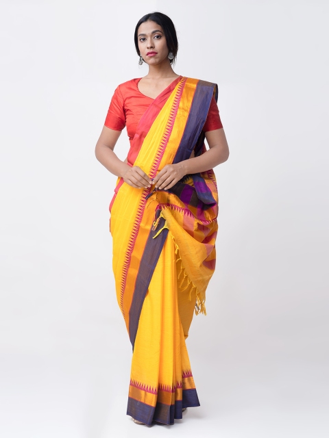 

Unnati Silks Yellow & Pink Silk Cotton Solid Narayan Peth Sustainable Saree