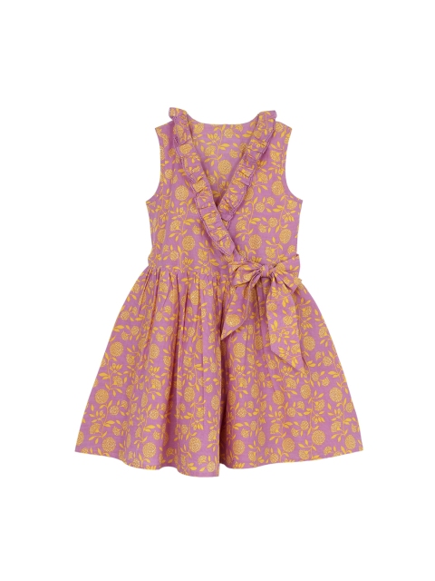 

My Little Lambs Girls Lavender & Yellow Floral Print Wrap Dress
