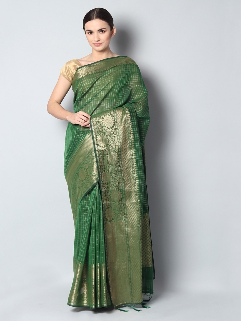 

EthnicRoom Green & Gold-Toned Silk Cotton Checked Banarasi Saree