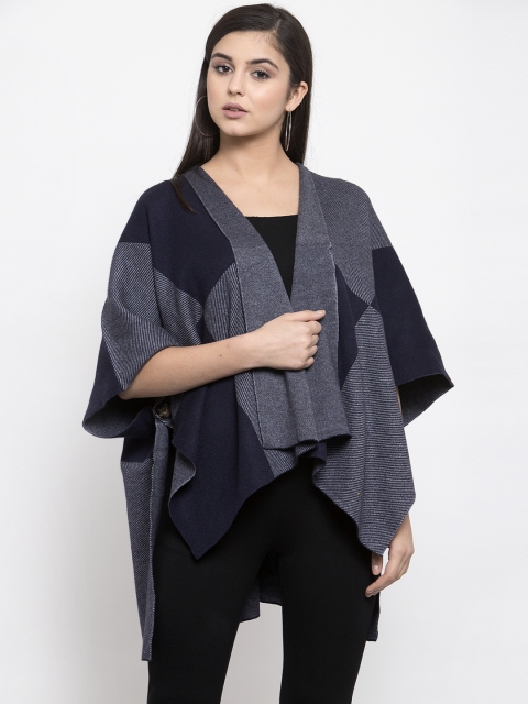 

Global Republic Women Charcoal Grey & Navy Blue Checked Open Front Shrug