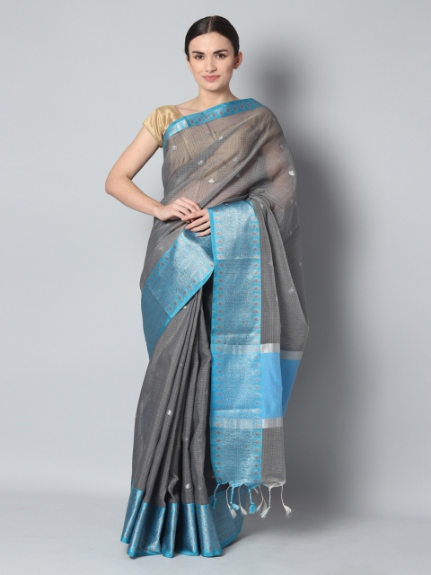 EthnicRoom Grey & Blue Silk Cotton Woven Design Banarasi Saree