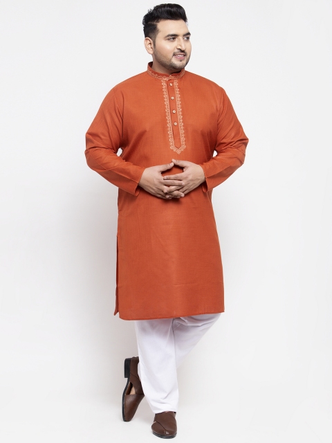 

plusS Men Rust Brown Solid Kurta with Pyjamas