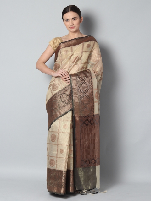 

EthnicRoom Cream-Coloured & Black Handloom Checked Banarasi Saree