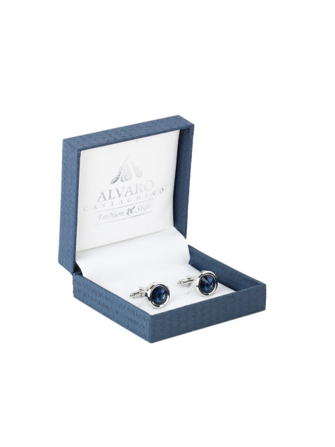

Alvaro Castagnino Navy Blue & Silver-Toned Round Stone Studded Cufflinks