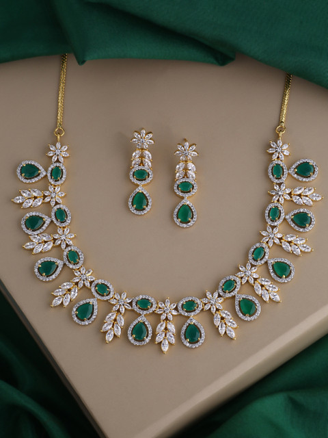 

Studio Voylla Gold-Plated Green & White CZ Stone-Studded Handcrafted Jewellery Set