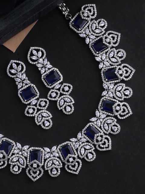 

Studio Voylla Silver-Plated Navy Blue CZ Studded Handcrafted Jewellery Set