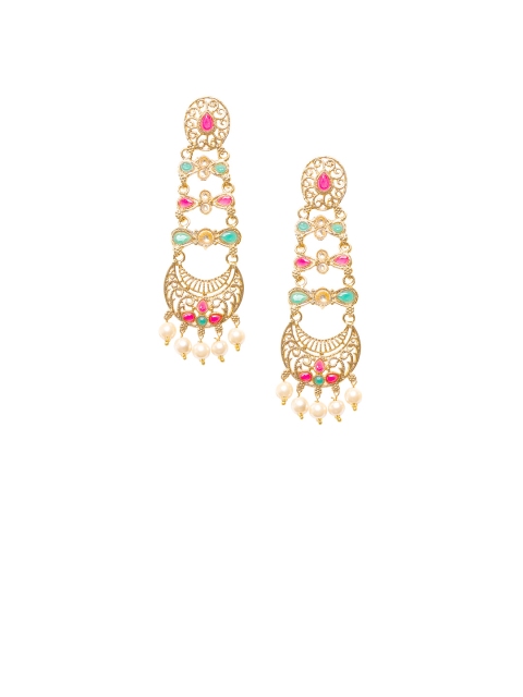 

SALWAR STUDIO Gold-Plated Kundan Crescent Shaped Drop Earrings