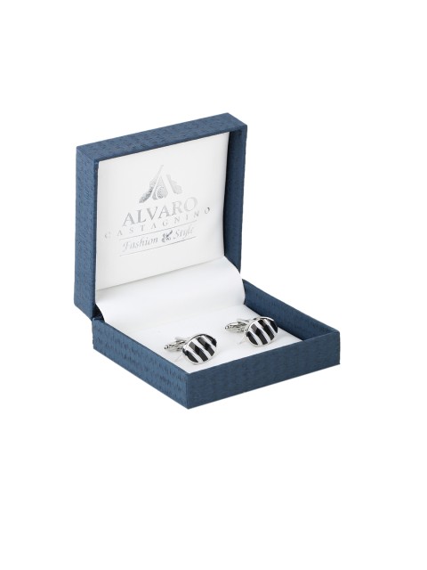 

Alvaro Castagnino Black & Silver-Toned Oval Striped Cufflinks