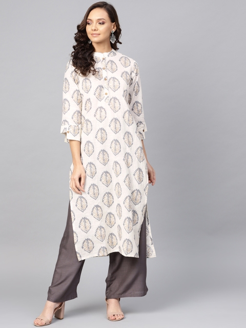

Yuris Women Off-White & Grey Printed Straight Kurta