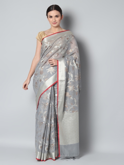 

EthnicRoom Grey & Silver-Toned Silk Cotton Woven Design Banarasi Saree