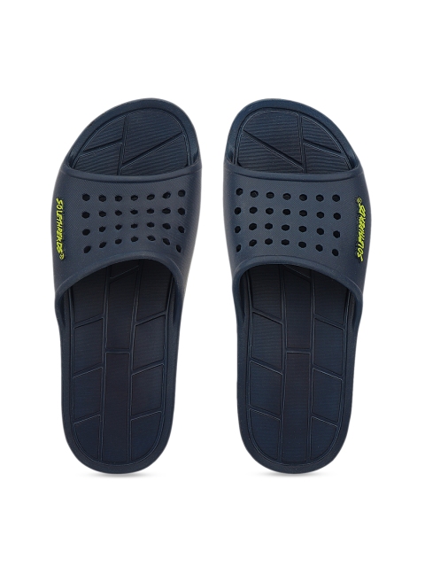 

Solethreads Men Navy Blue & Lime Green Self Design Sliders