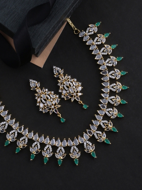 

Studio Voylla Gold-Plated Green & White CZ Stone-Studded Handcrafted Jewellery Set