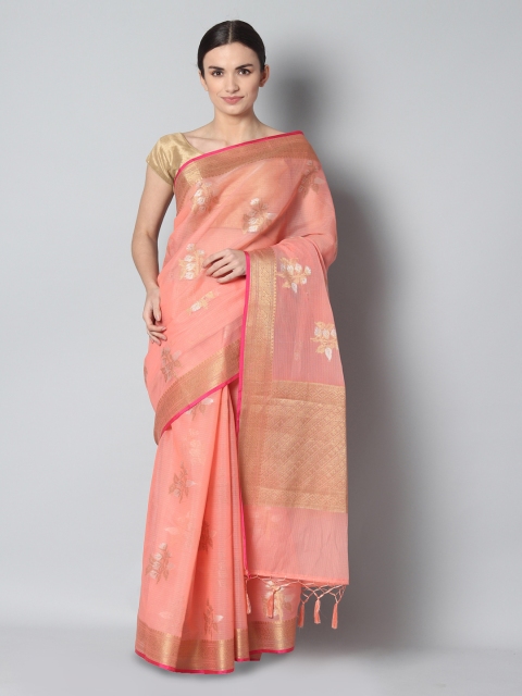 

EthnicRoom Pink & Silver-Toned Silk Cotton Woven Design Banarasi Saree