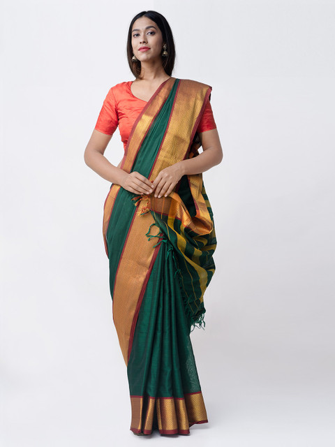 

Unnati Silks Green & Gold-Toned Pure Cotton Solid Narayan Peth Saree