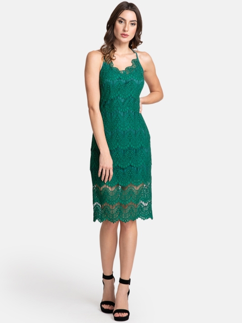 

Kazo Women Green Lace Sheath Dress with Criss-Cross Back