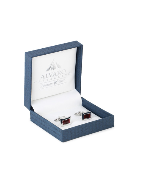 

Alvaro Castagnino Maroon & Silver-Toned Stone Studded Rectangle Cufflinks