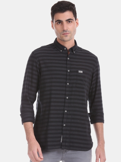 Men Black & Grey Slim Fit Striped Casual Shirt