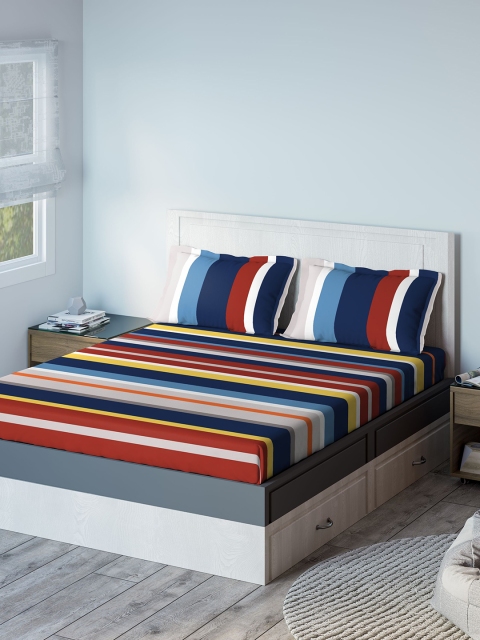 

DDecor Multicoloured Striped 140 TC Cotton 1 Queen Bedsheet with 2 Pillow Covers, Multi