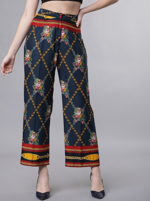 Women Navy Blue & Mustard Yellow Regular Fit Printed Regular Trousers