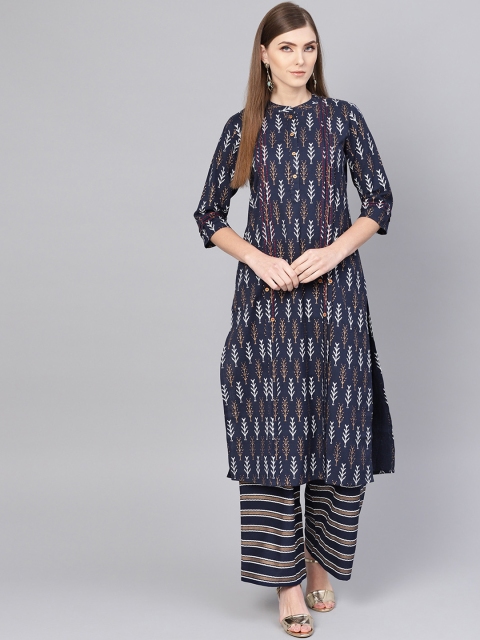 

Yuris Women Navy Blue & White Printed Straight Kurta
