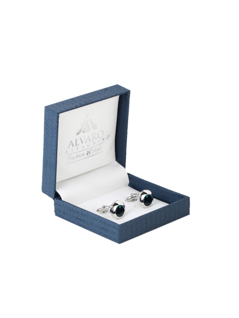 

Alvaro Castagnino Teal Blue & Silver-Toned Round Stone Studded Cufflinks