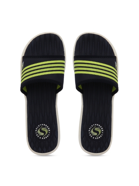 

Solethreads Women Navy Blue & Fluorescent Green Striped Sliders