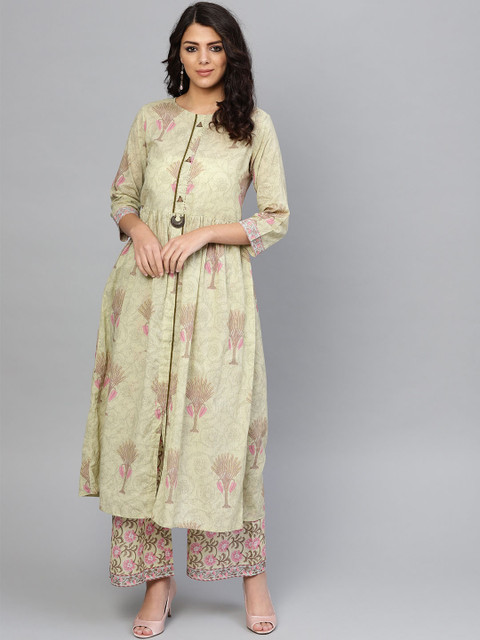 

Yuris Women Green & Pink Printed A-Line Kurta