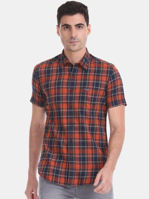 

U.S. Polo Assn. Denim Co. Men Orange & Navy Blue Slim Fit Checked Casual Shirt