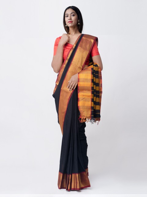 

Unnati Silks Black & Gold-Toned Pure Cotton Solid Narayan Peth Saree