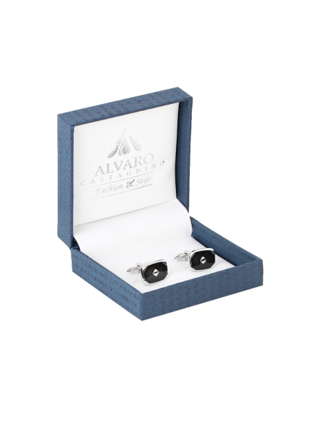 

Alvaro Castagnino Black & Silver-Toned Rectangle Stone Studded Cufflinks