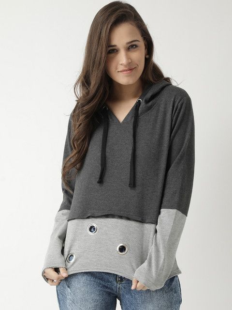 

Club York Women Charcoal Grey Solid Hooded Sweatshirt