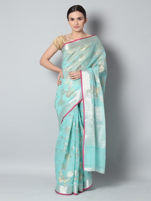 

EthnicRoom Blue & Silver-Toned Silk Cotton Woven Design Banarasi Saree