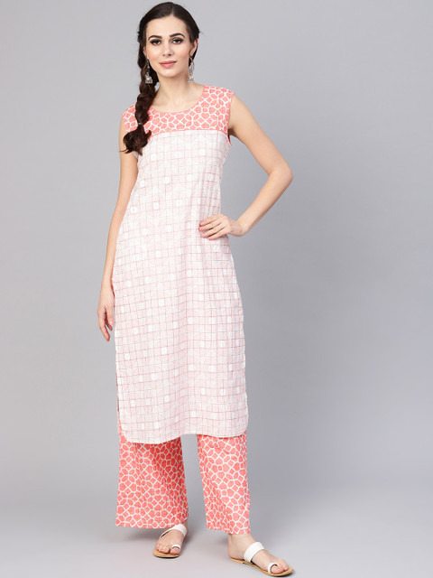 

Yuris Women White & Peach-Coloured Printed Kurta with Palazzos