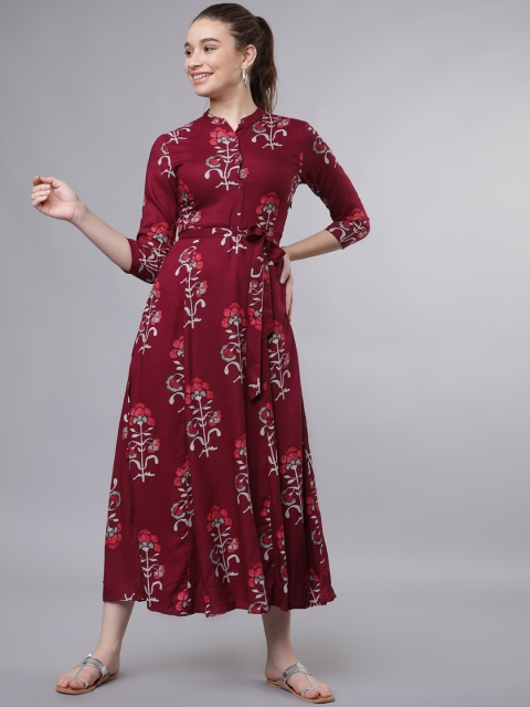 

Vishudh Women Maroon & Off-White Floral Printed Fit and Flare Dress